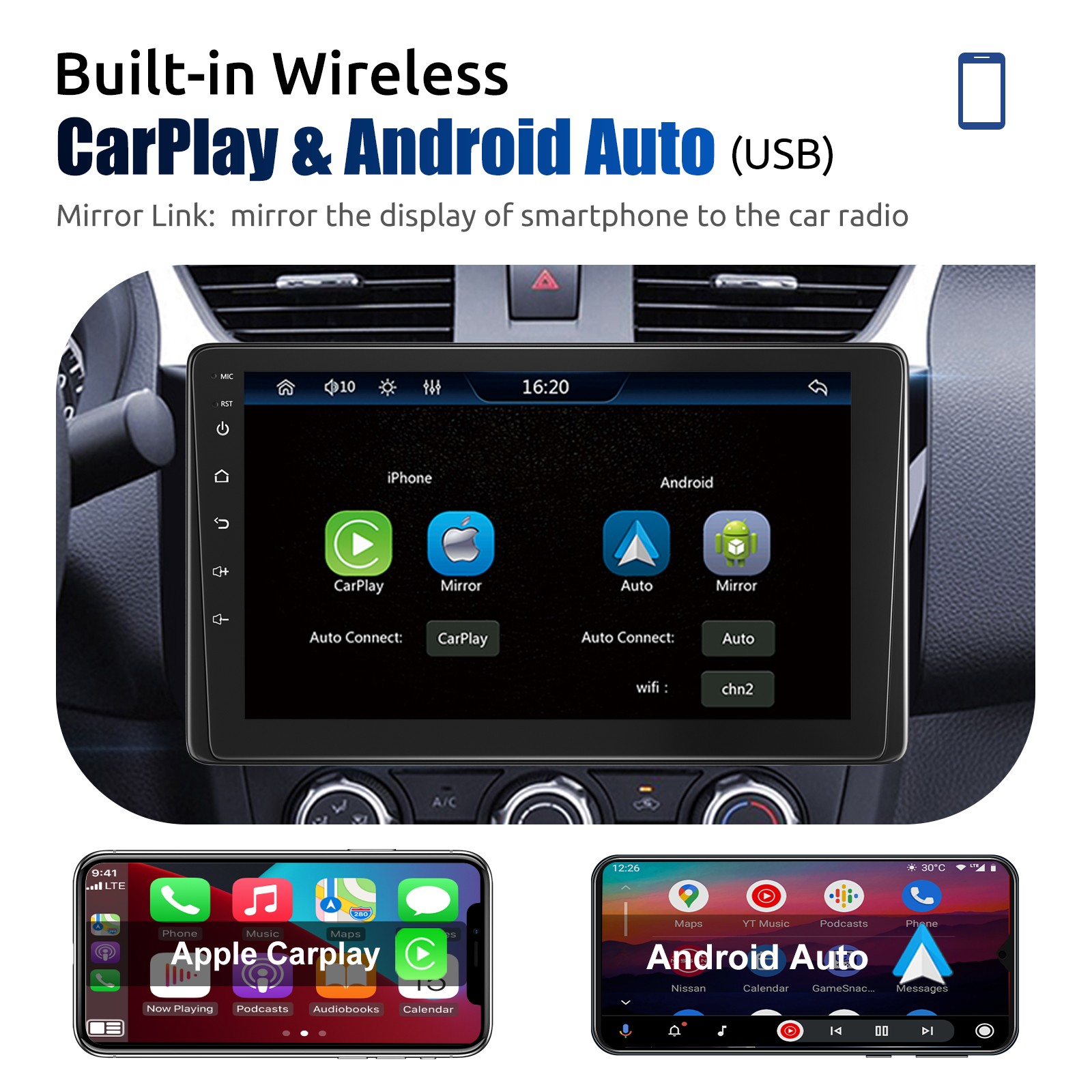 9 Inch Single 1 DIN Car Stereo Head Unit Apple Carplay Android Auto HD Radio SWC