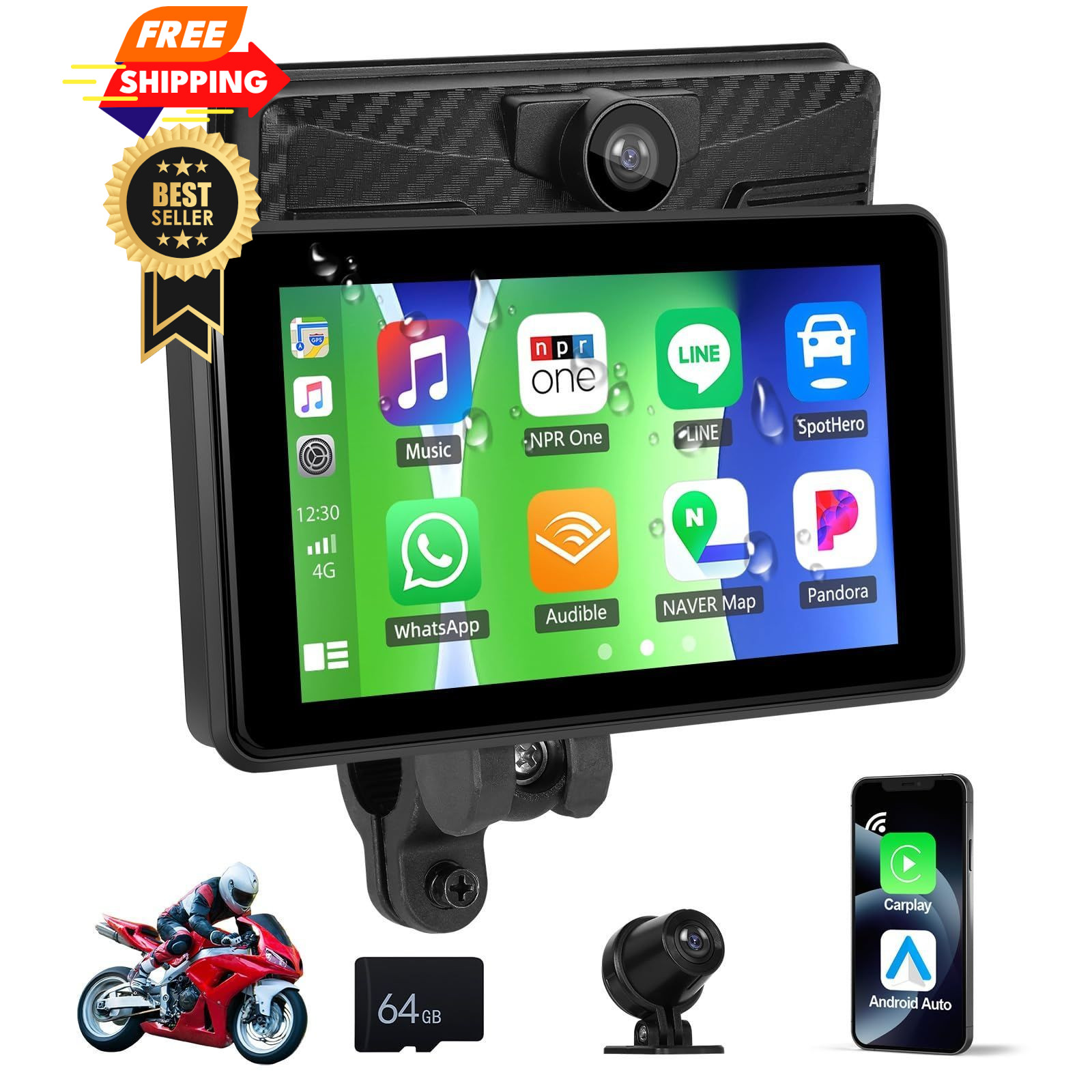 CAMECHO Motorcycle Carplay Screen with 2K Dash Cam/HD 5-inch Cameras