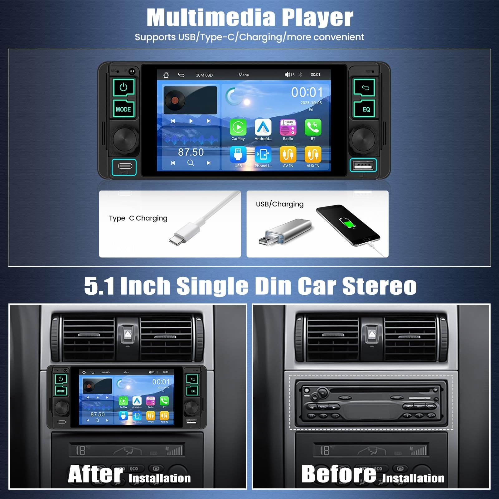 Single Din Car Stereo with Wireless CarPlay, Android Auto, 5.1″ Touchscreen, Blu