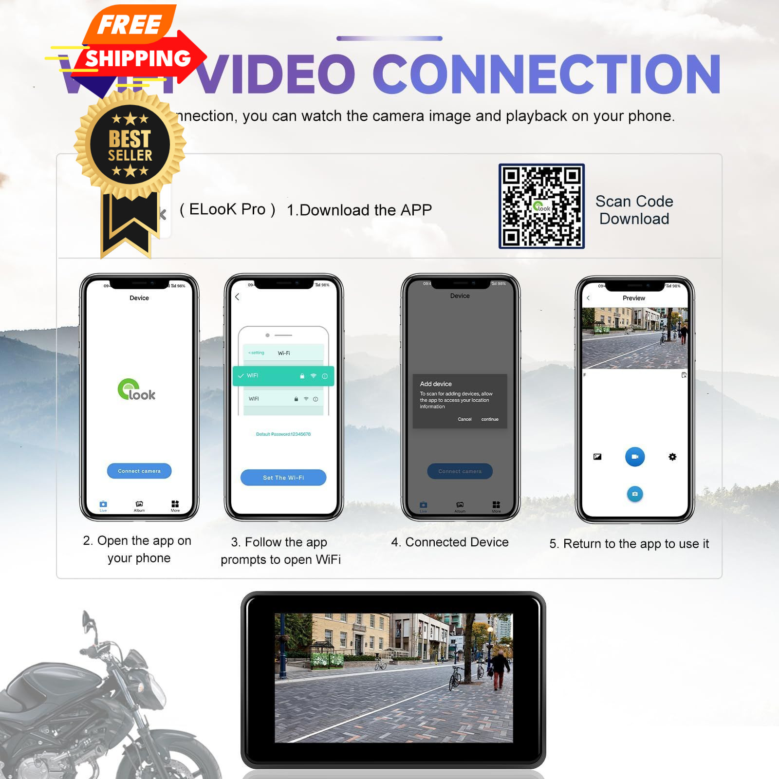 CAMECHO Motorcycle Carplay Screen with 2K Dash Cam/HD 5-inch Cameras