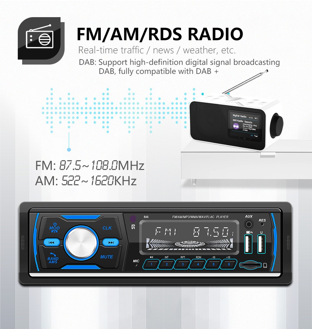 M4 Bluetooth Autoradio 1 Din Car Radio Stereo MP3 Player USB AUX FM AM RDS