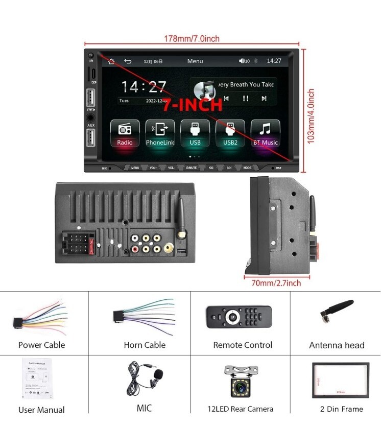 7″ 2 Din Car Radio Carplay Android Auto Car Stereo Bluetooth Mirror Link+Camera