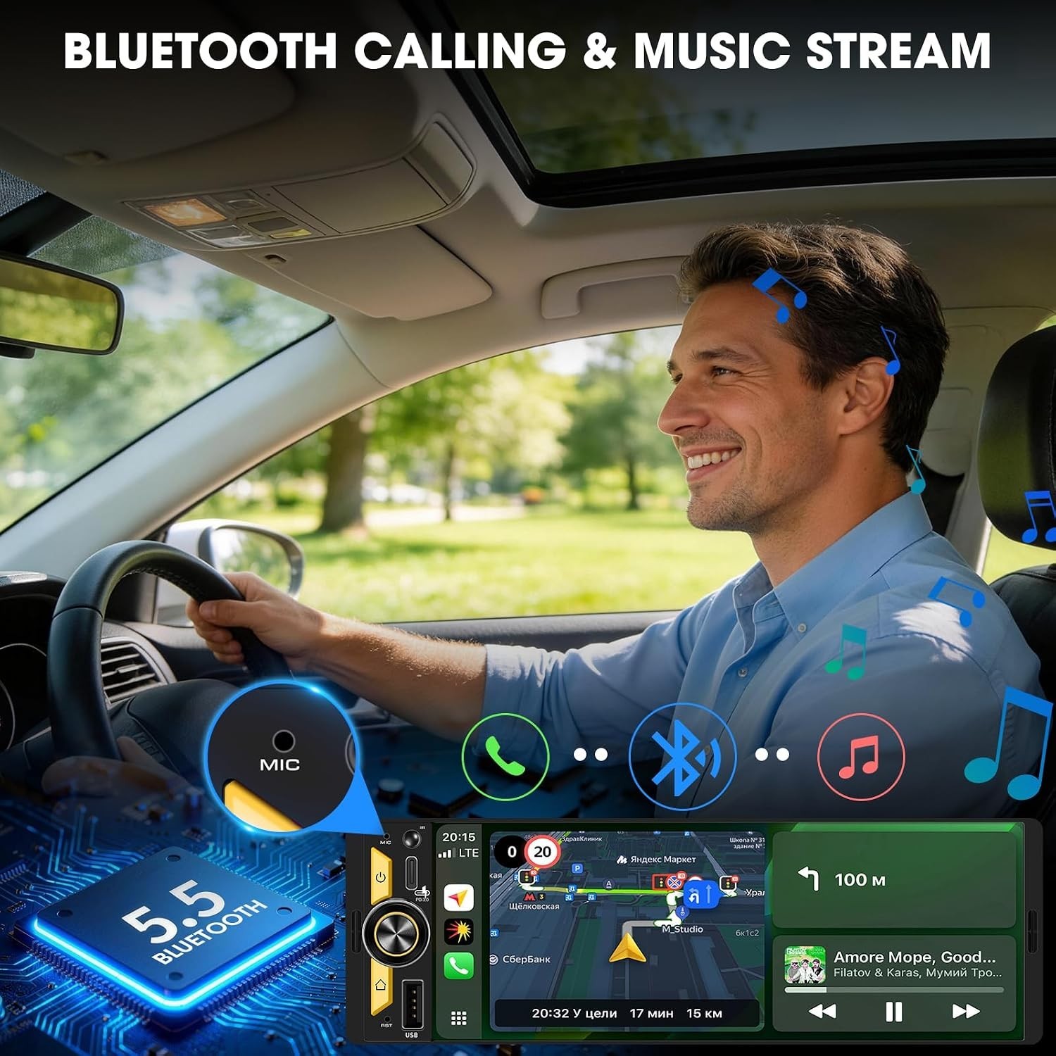 Single Din CarPlay Multimedia Receiver: 6.5 Inch Wireless Android Auto Car St…