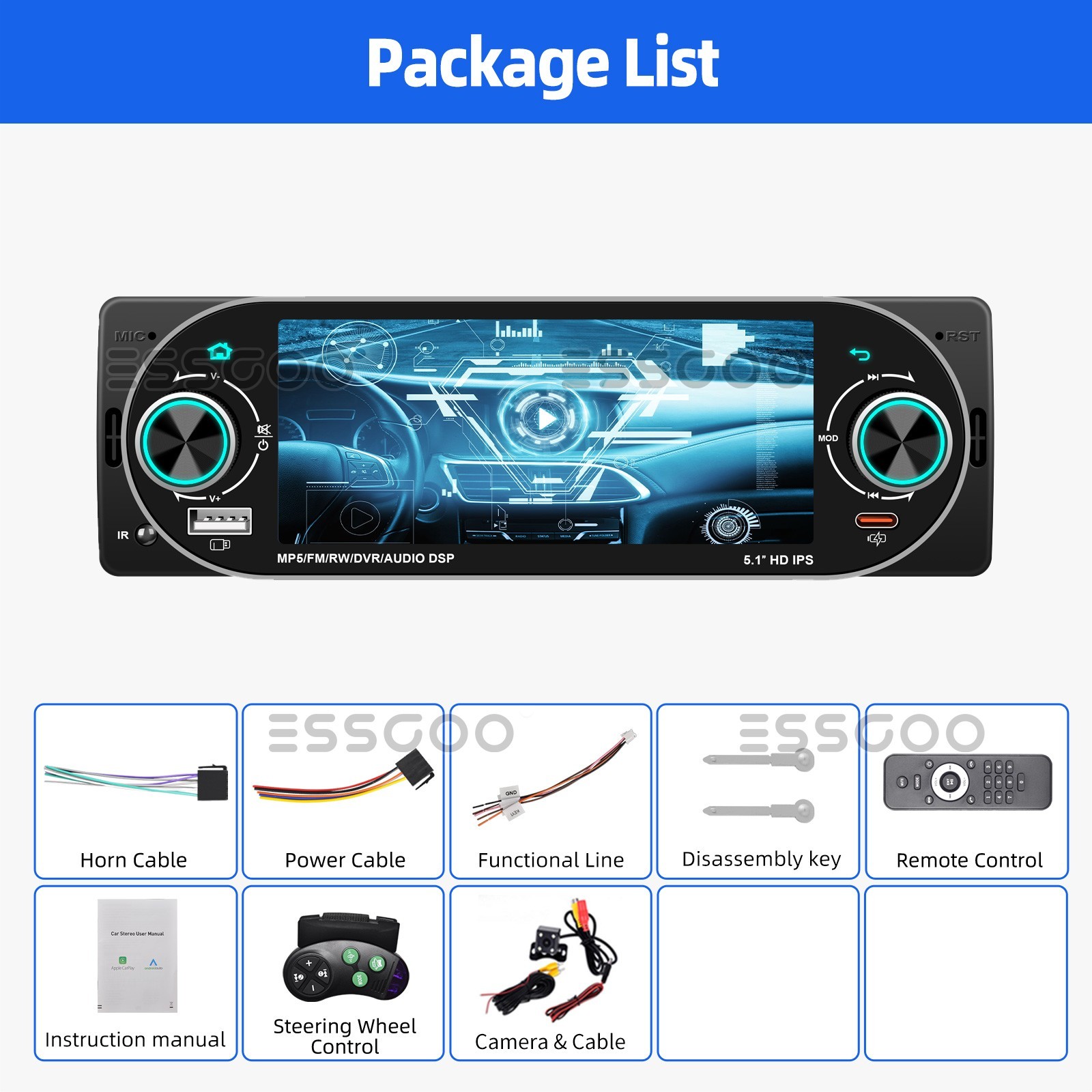 Single 1 Din 5.1” Screen Carplay Car Stereo Bluetooth USB Radio MP5 Player +CAM