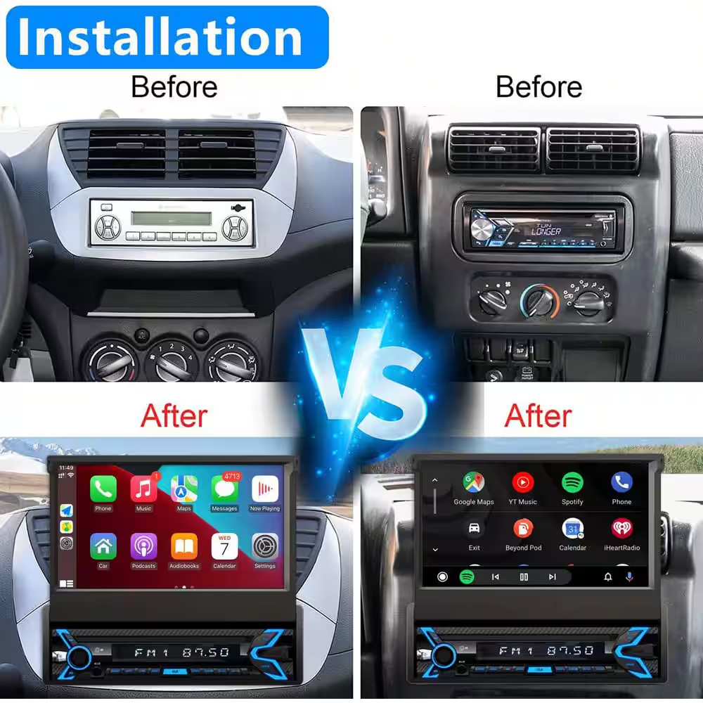 Single Din Car Stereo 7 In. Flip Out Touchscreen Radio Compatible with Apple Car