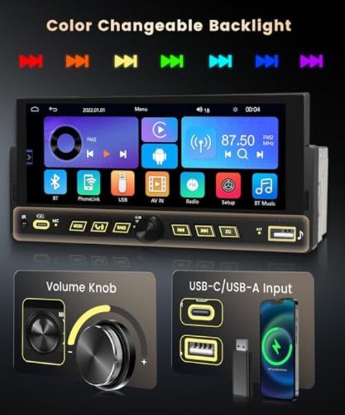 Single DIN Car StereoWireless Carplay Android Auto, 6.86-inch Touch Screen Car