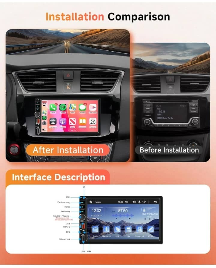 Double Din Car Stereo, 7 Inch Touch Screen Wireless Carplay & Android Au