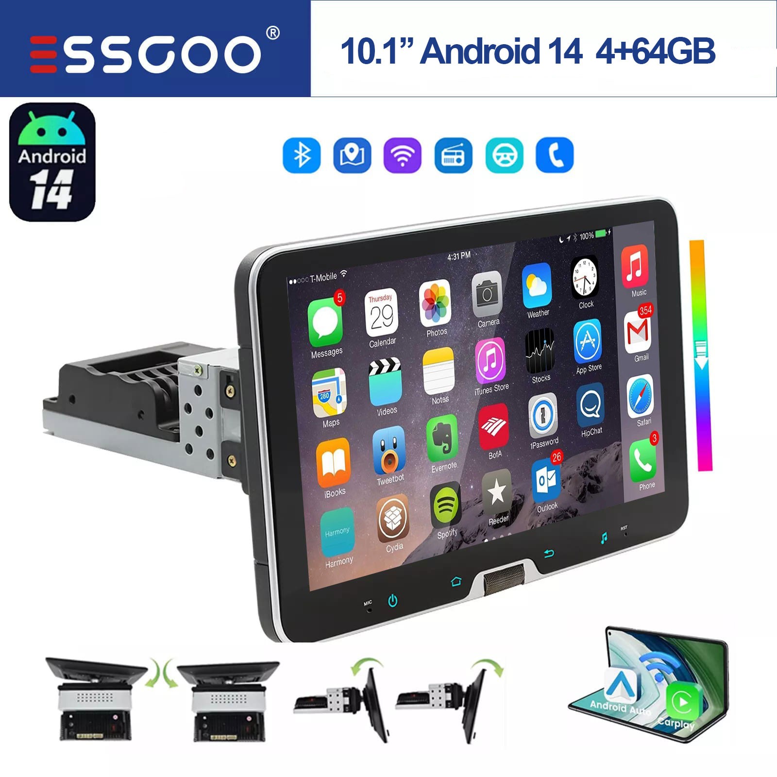 Single 1DIN Rotatable 10.1″ Android 14 Touch Screen Car Stereo Radio GPS WIFI BT