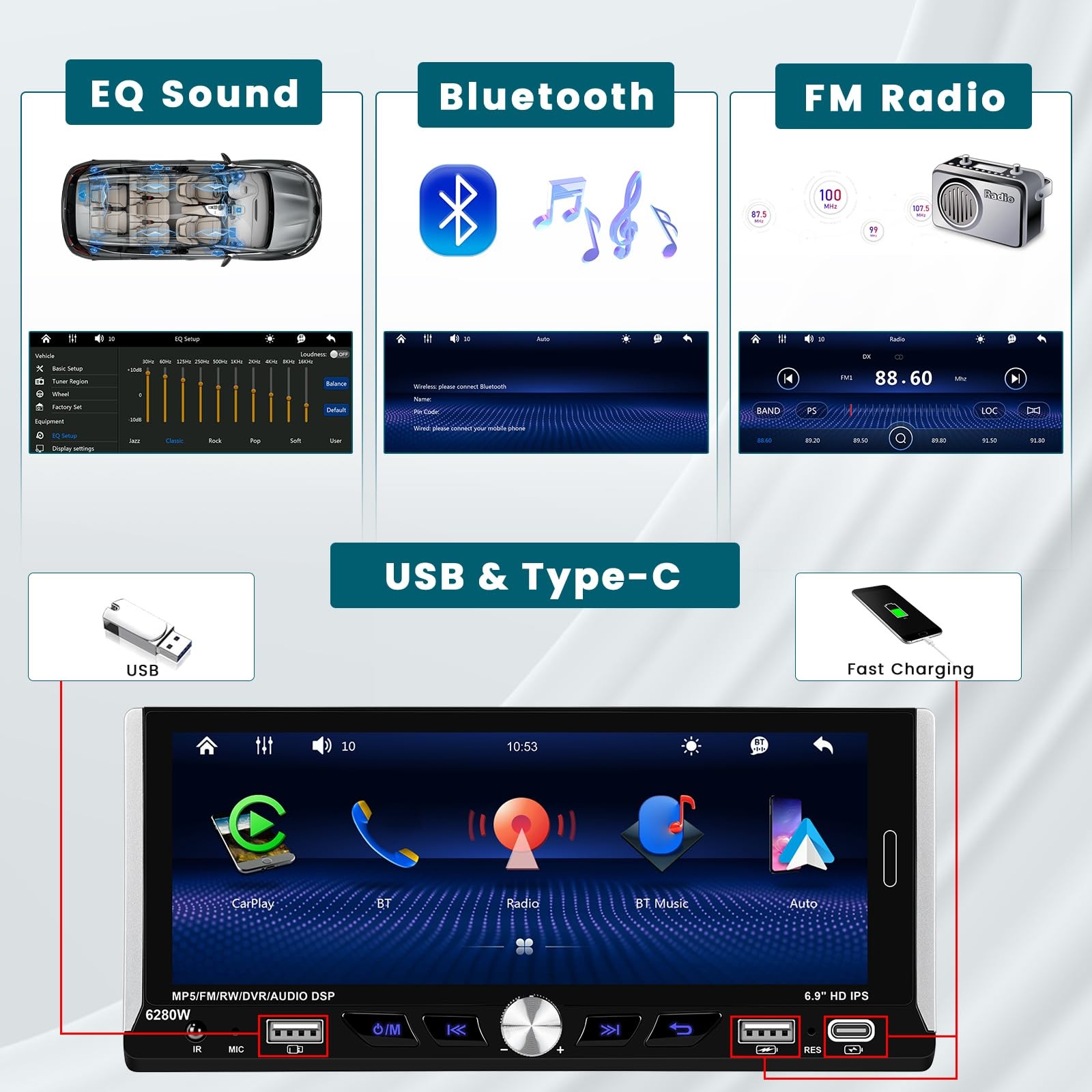 Hikity 6.9 Inch Car Stereo Single Din Wireless Carplay Screen, Black