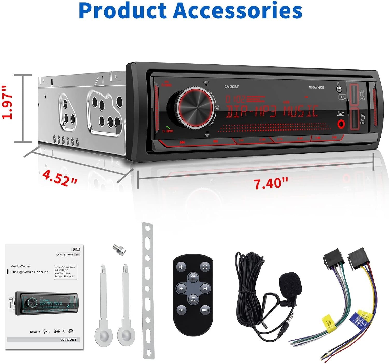 Single Din Bluetooth Car Stereo with 300W Amplifier & LCD Display – Marine Ready
