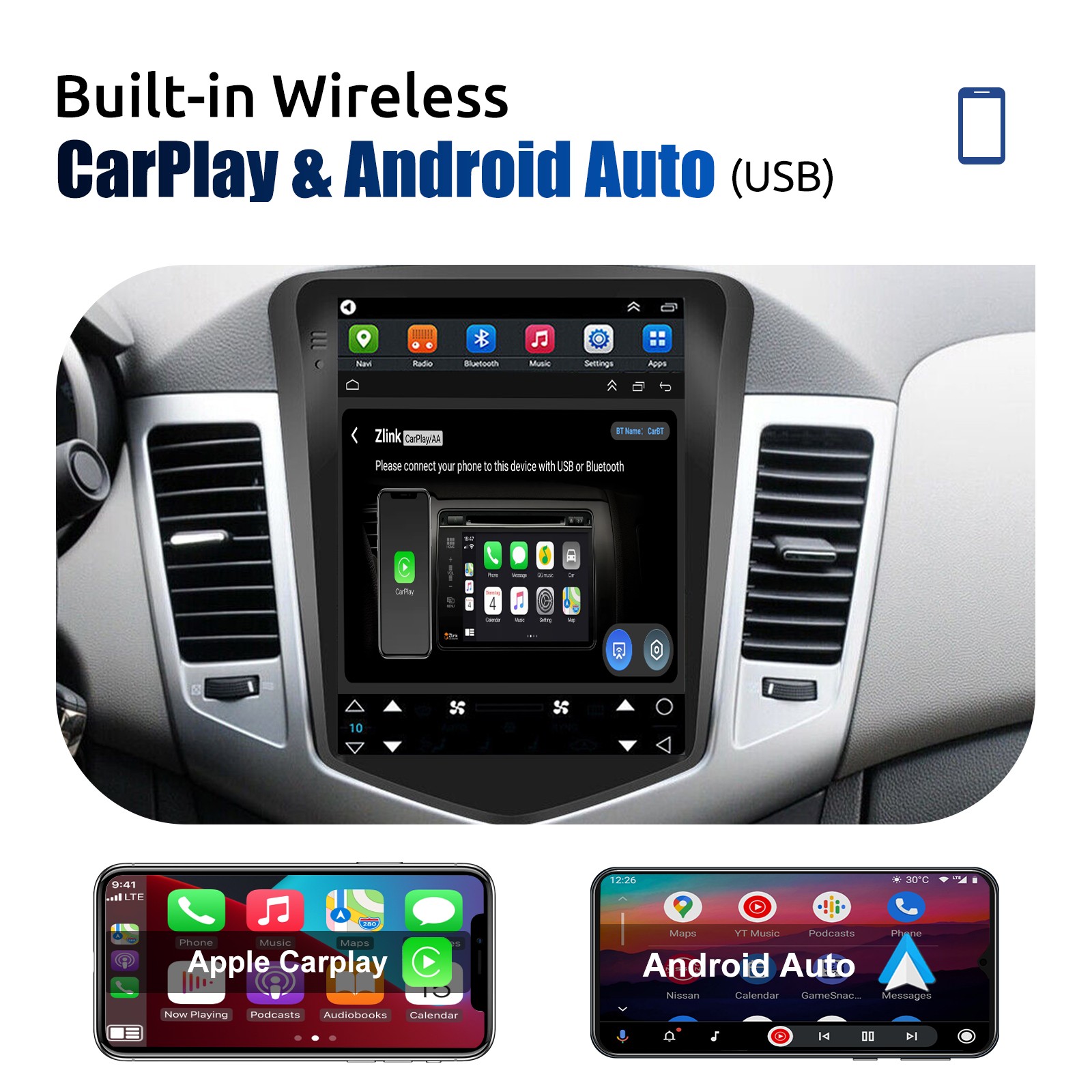 For Chevrolet Cruze 2009-15 Car Radio Stereo GPS Carplay Android 14 Tesla Screen