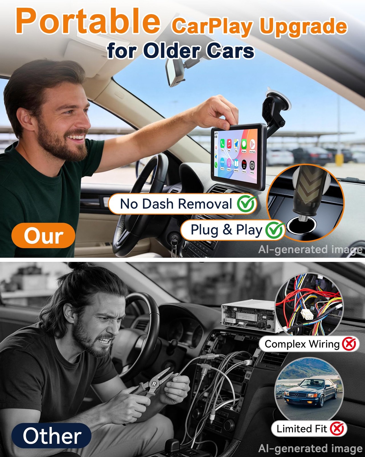 Portable Carplay Screen with Backup Camera – Plug-Play 7-inch HD 1080P Car To…