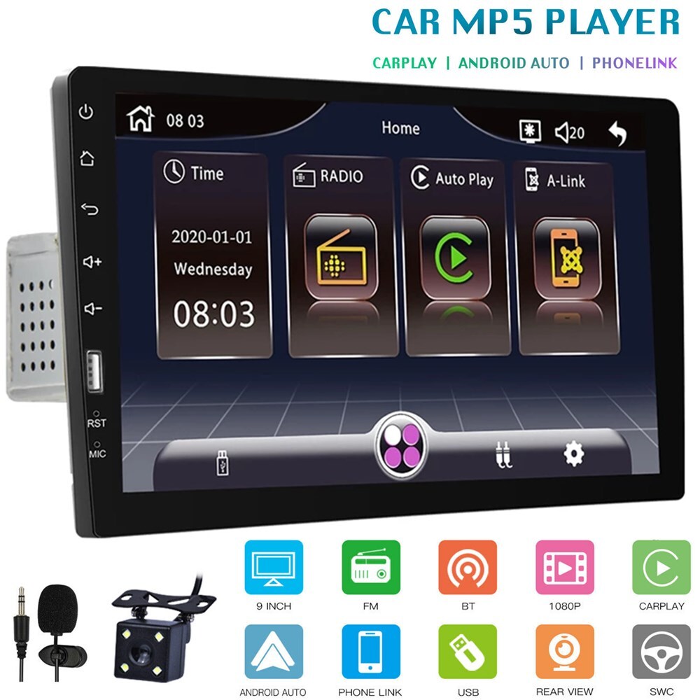 9″ Single Din Car Stereo MP5 Carplay Radio Touch Screen Bluetooth Player+Camera