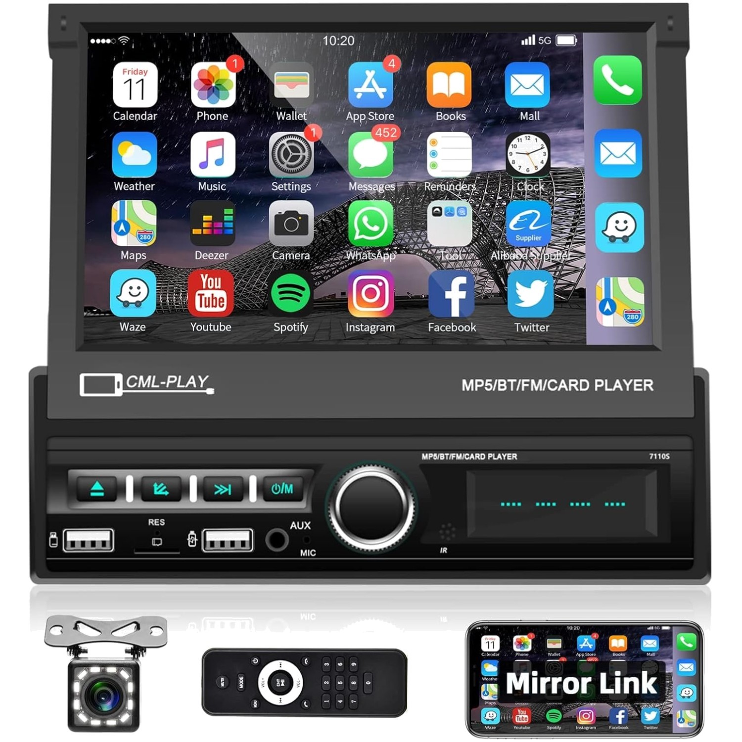 Single Din 7-Inch Motorized Car Radio with Bluetooth & Mirror Link Capabilities