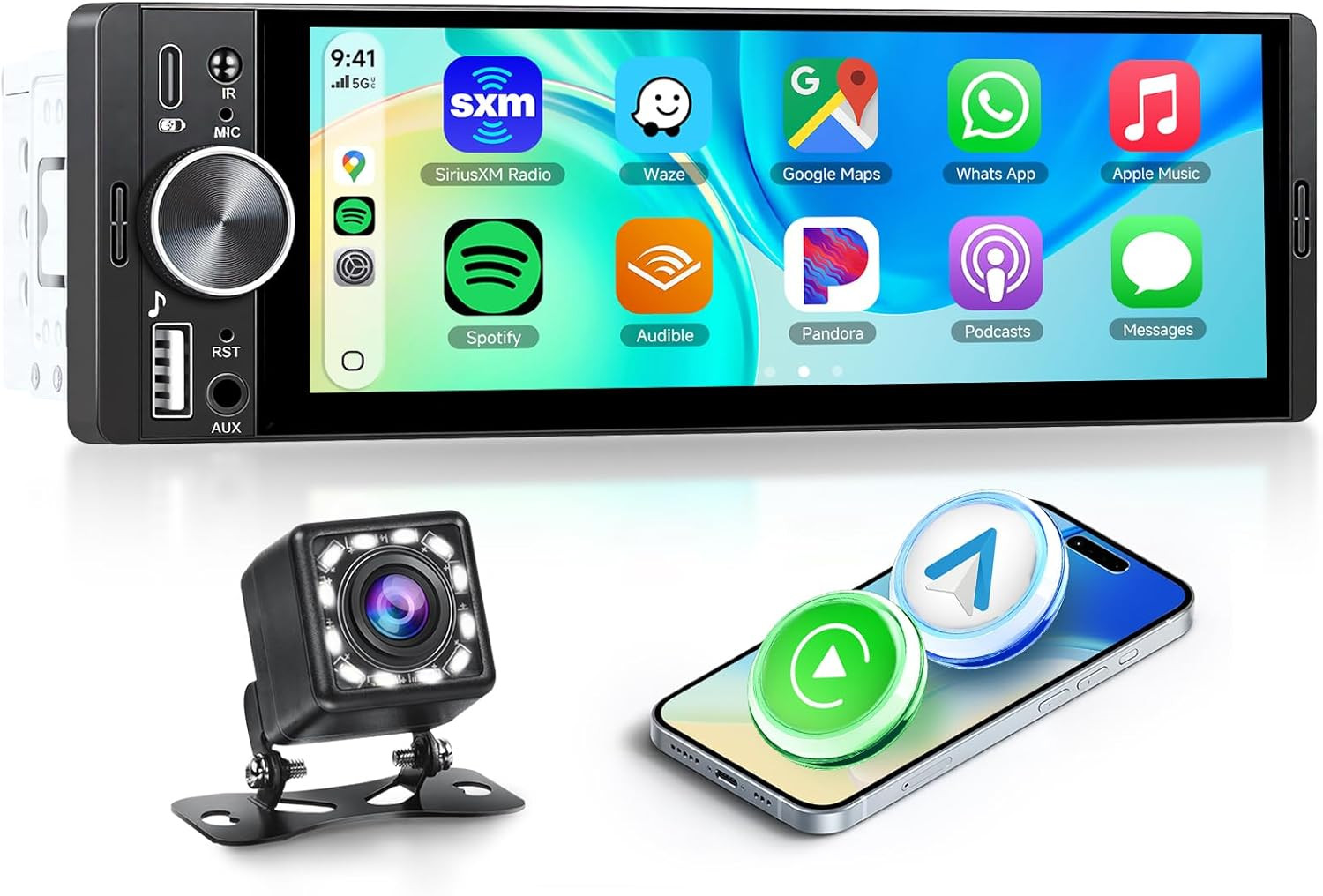 Single DIN Wireless Car Stereo with Wireless Carplay & Android Auto, 6.9” In-Cel