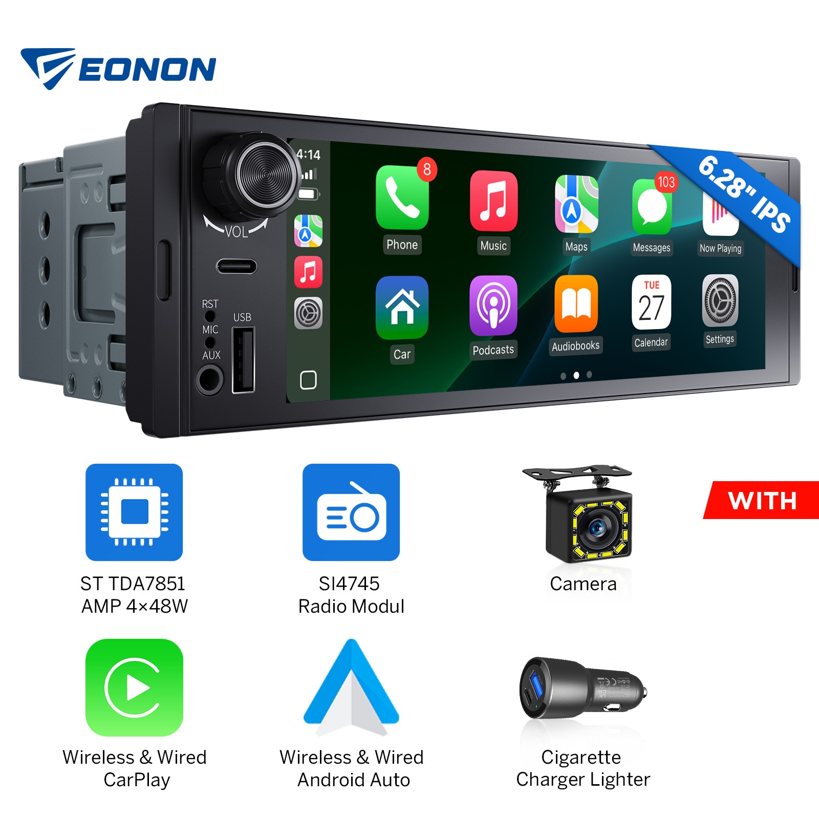 6.28″ IPS Android Auto Car Stereo Head Unit Wireless CarPlay GPS 1 DIN Bluetooth