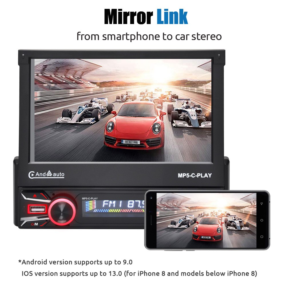 7″ Single 1 DIN Car Stereo Flip Out Touch Screen Radio Carplay MP5 USB +Cam BT