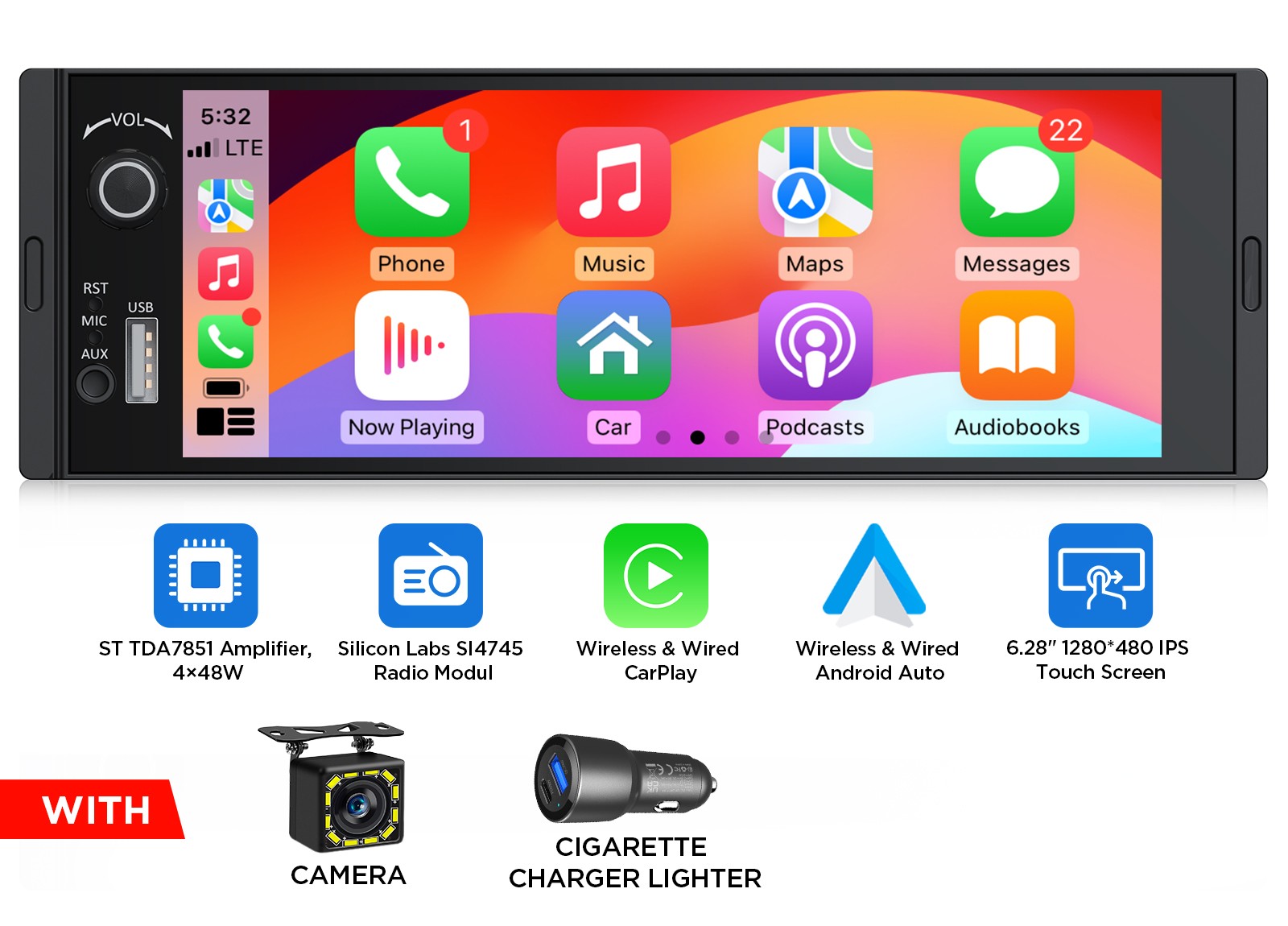 1DIN 6.28″ IPS Touchscreen CarPlay Android Auto Stereo Mirror Link Car Radio AUX