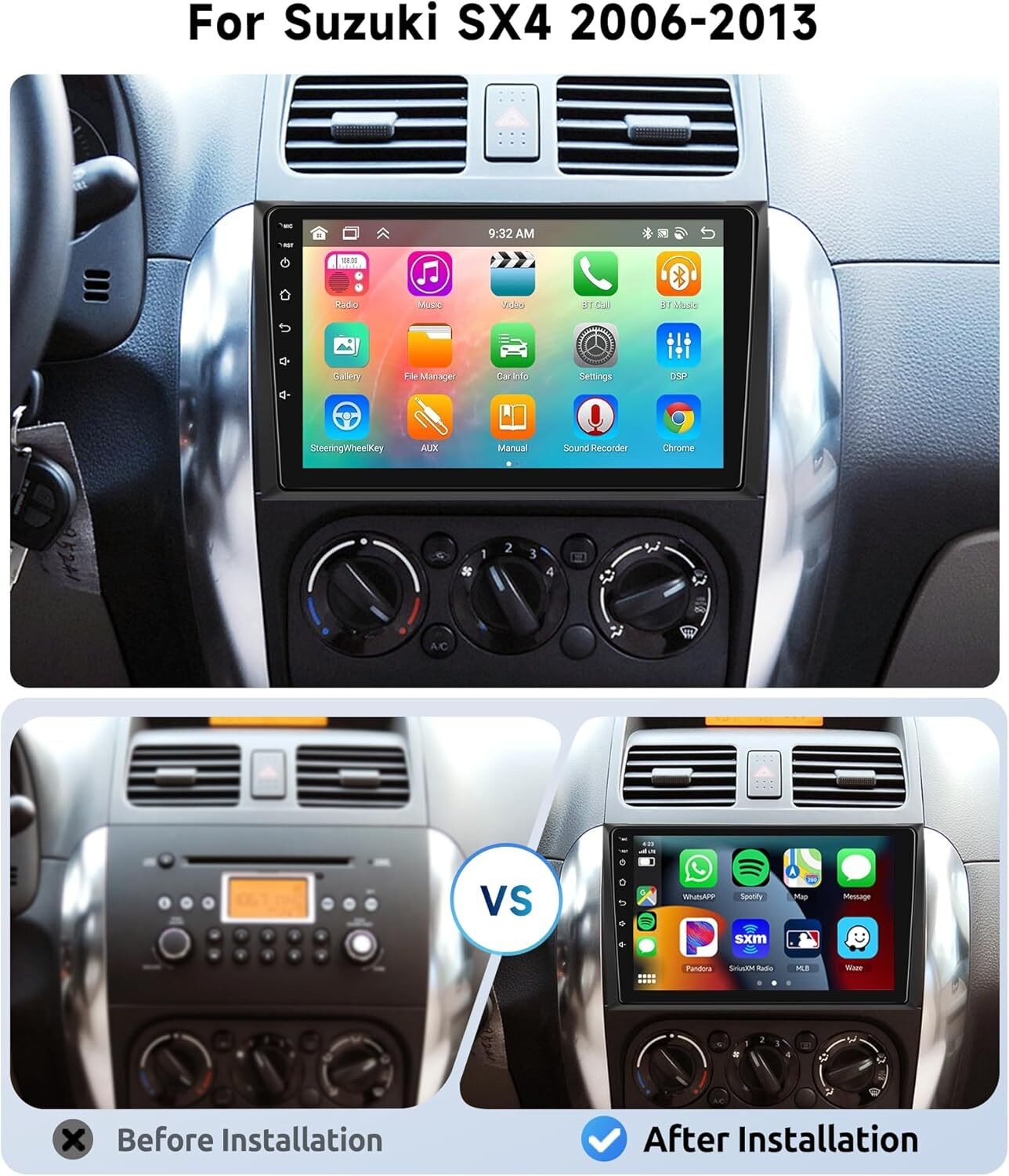 32GB For SUZUKI SX4 2006-2013 Android 13 Apple CarPlay Radio Stereo GPS Navi CAM