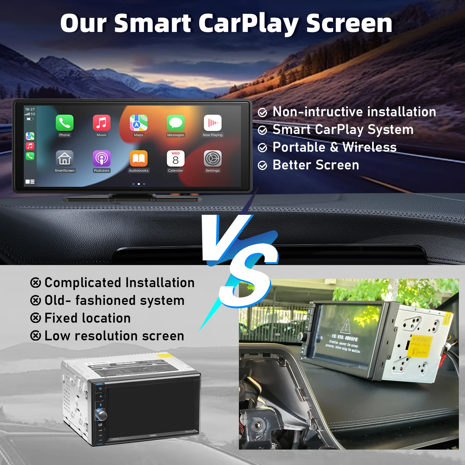 Portable Wireless Carplay Car Stereo, 10.26″ inch HD Touchscreen for Car with Ca