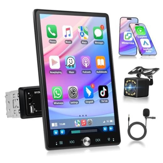 10.4 Inch Single Din Car Stereo, 2.5D Rotatable Touchscreen Auto Radio with