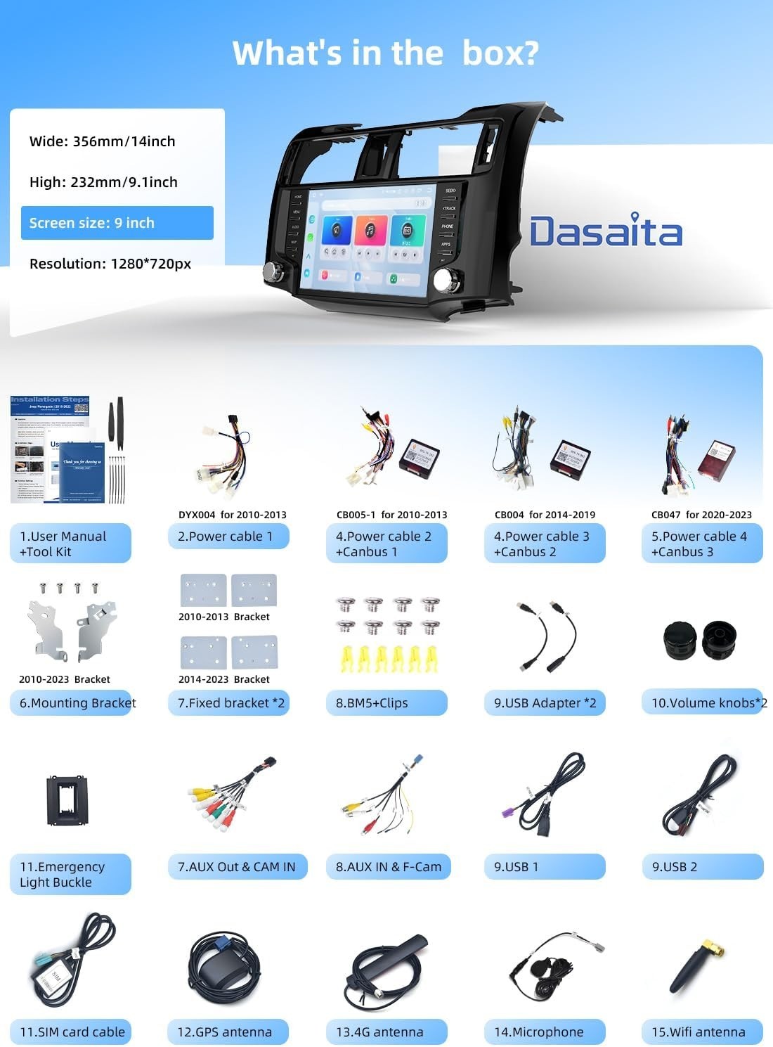 Dasaita 9″ Car Radio for Toyota 4Runner 2010-2023 BT WiFi CarPlay GPS DTS 256GB