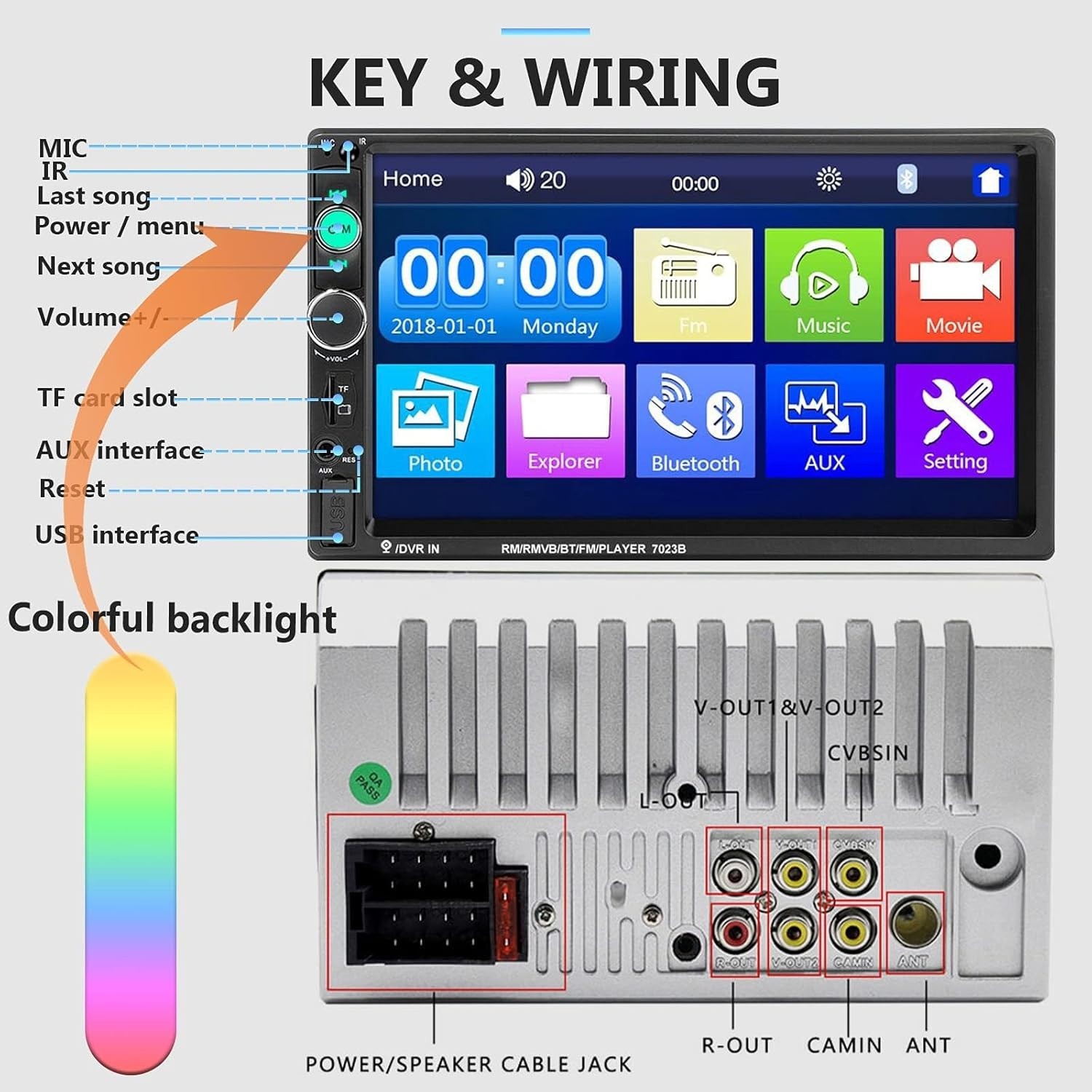 Double Din 7-Inch Car Radio with Multimedia Support & Integrated Backup Camera