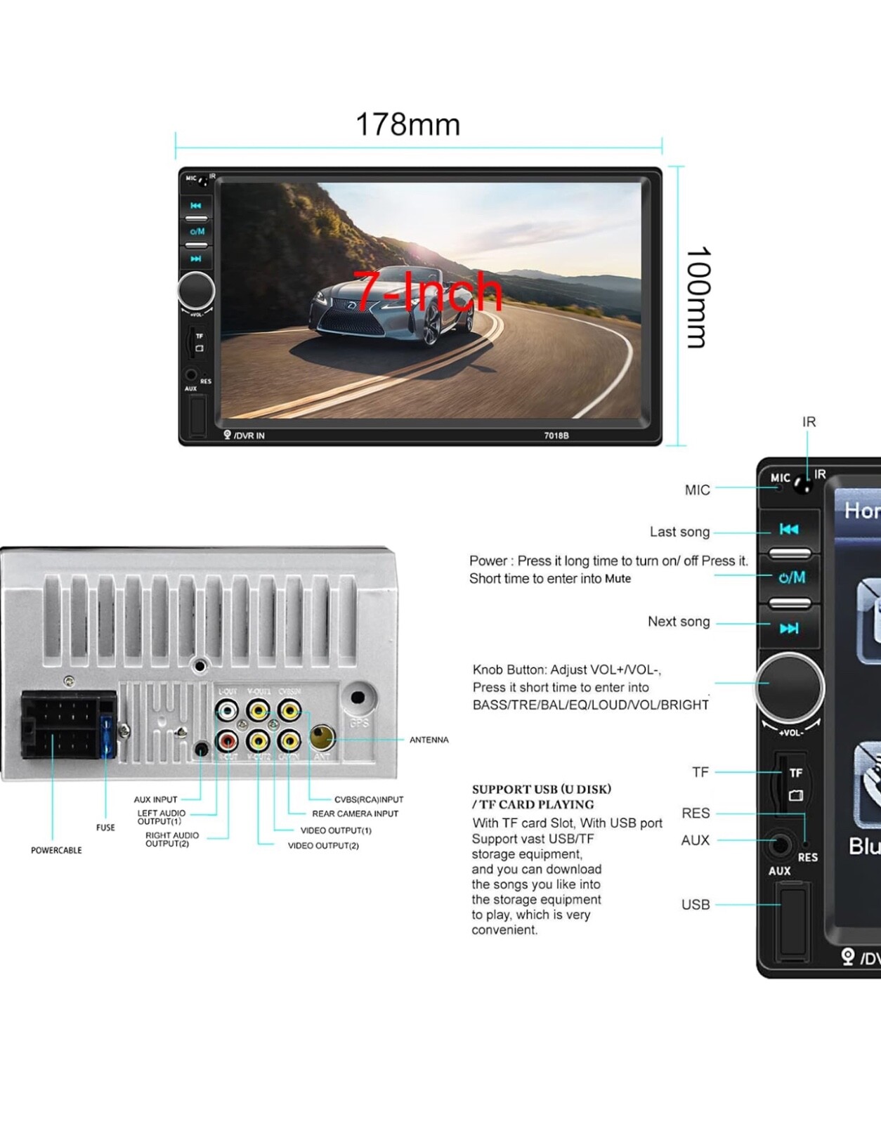 double din touch screen bluetooth radio