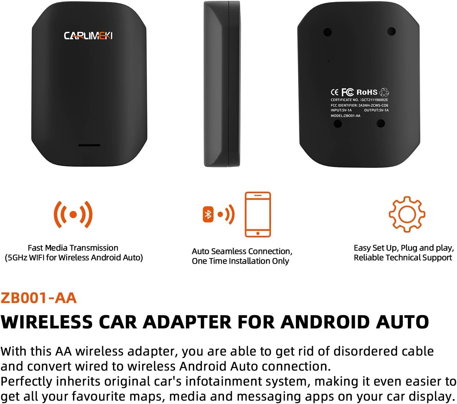 CARLIMEKI Wireless AA Android Auto Audio Adapter ZB001-AA *NEW