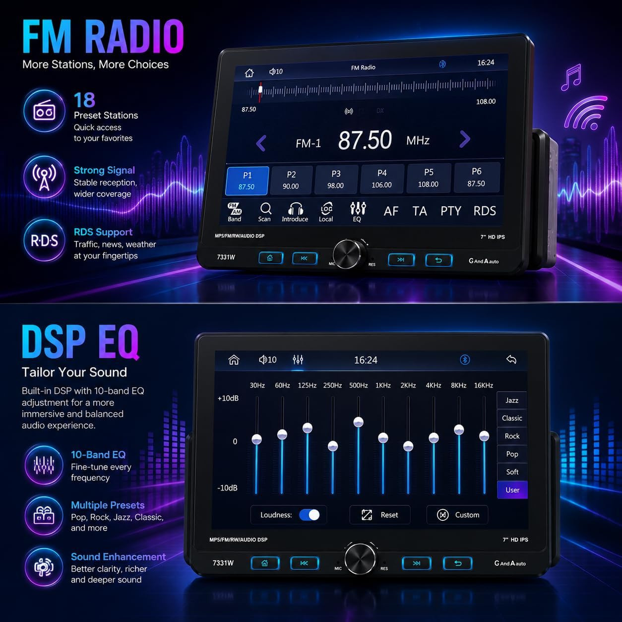 7 Inch Single Din Car Stereo Wireless Apple Carplay & Android Auto, Detachable R