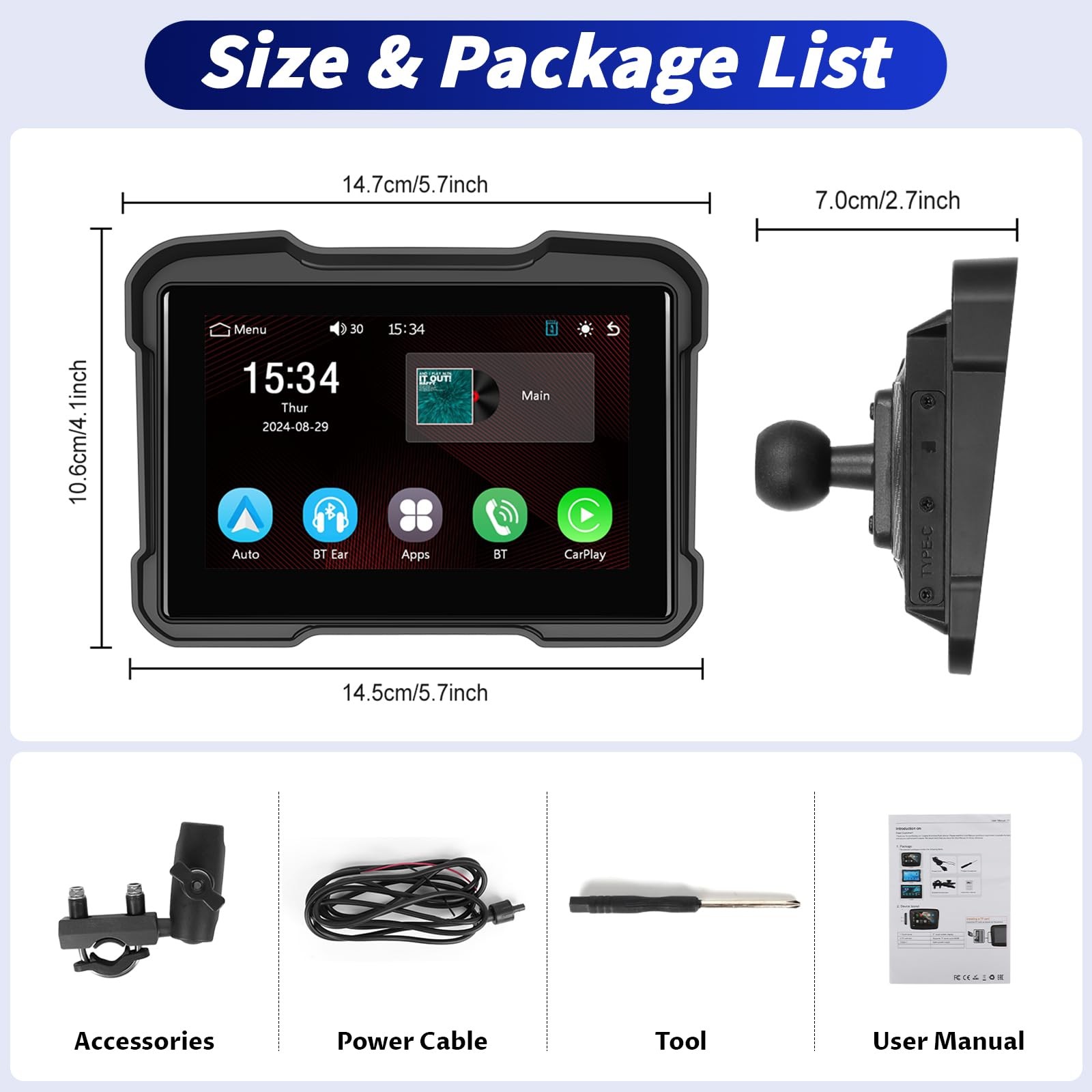 5 Inch IPS Waterproof Portable Motorcycle CarPlay Screen with Wireless CarPla…