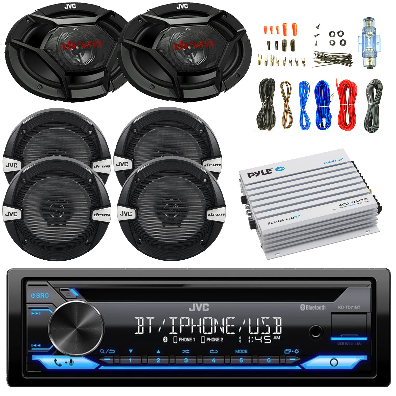 JVC CD Stereo Receiver, 4x 6.5″ Speakers, 2x 6×9″ Speakers, Bluetooth Amp w/Kit