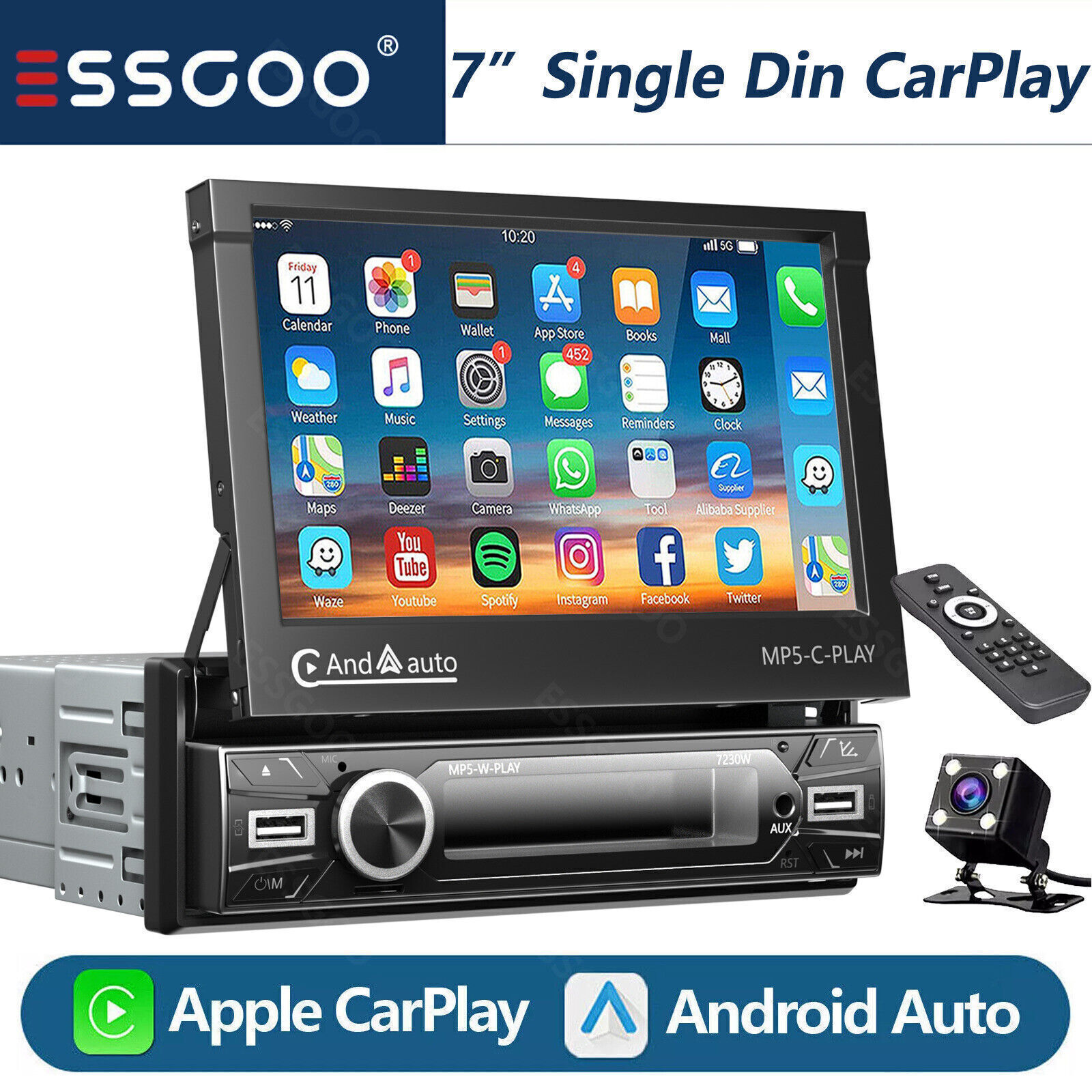 Single 1 DIN 7″Flip Out Car Stereo CarPlay FM Radio Touch Screen MP5 Player +CAM