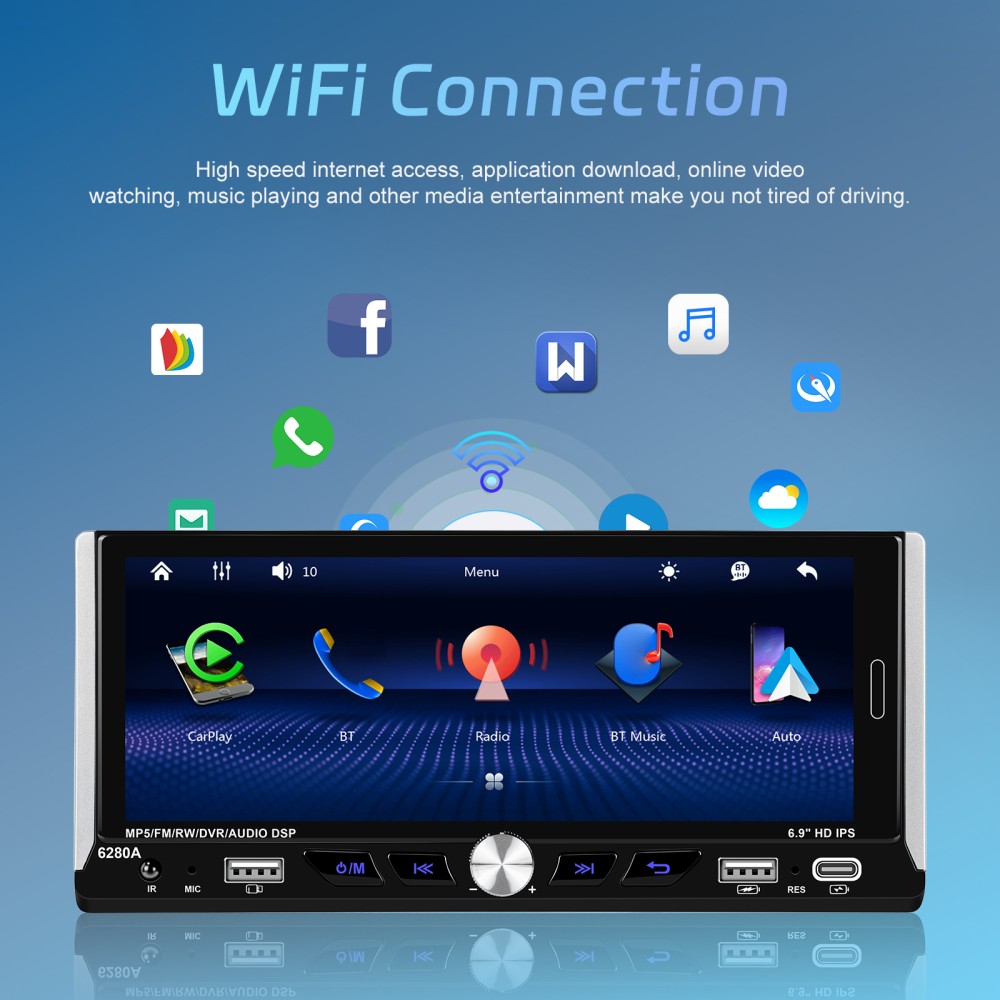 2+64GB Single 1DIN Car Radio GPS NAVI Carplay 6.9 Inch Stereo Player Android 15