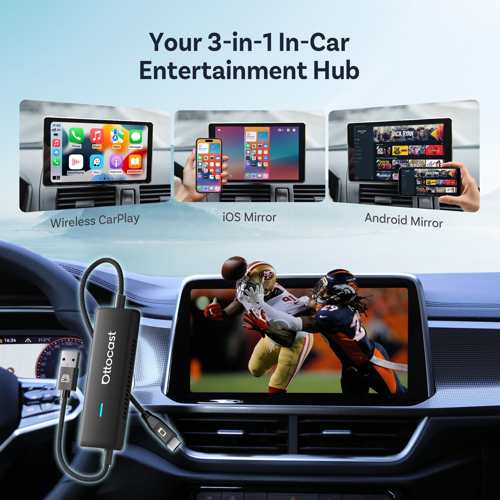 Ottocast Wireless CarPlay Adapter iPhone Android Auto Mirror Touch Plug & Play