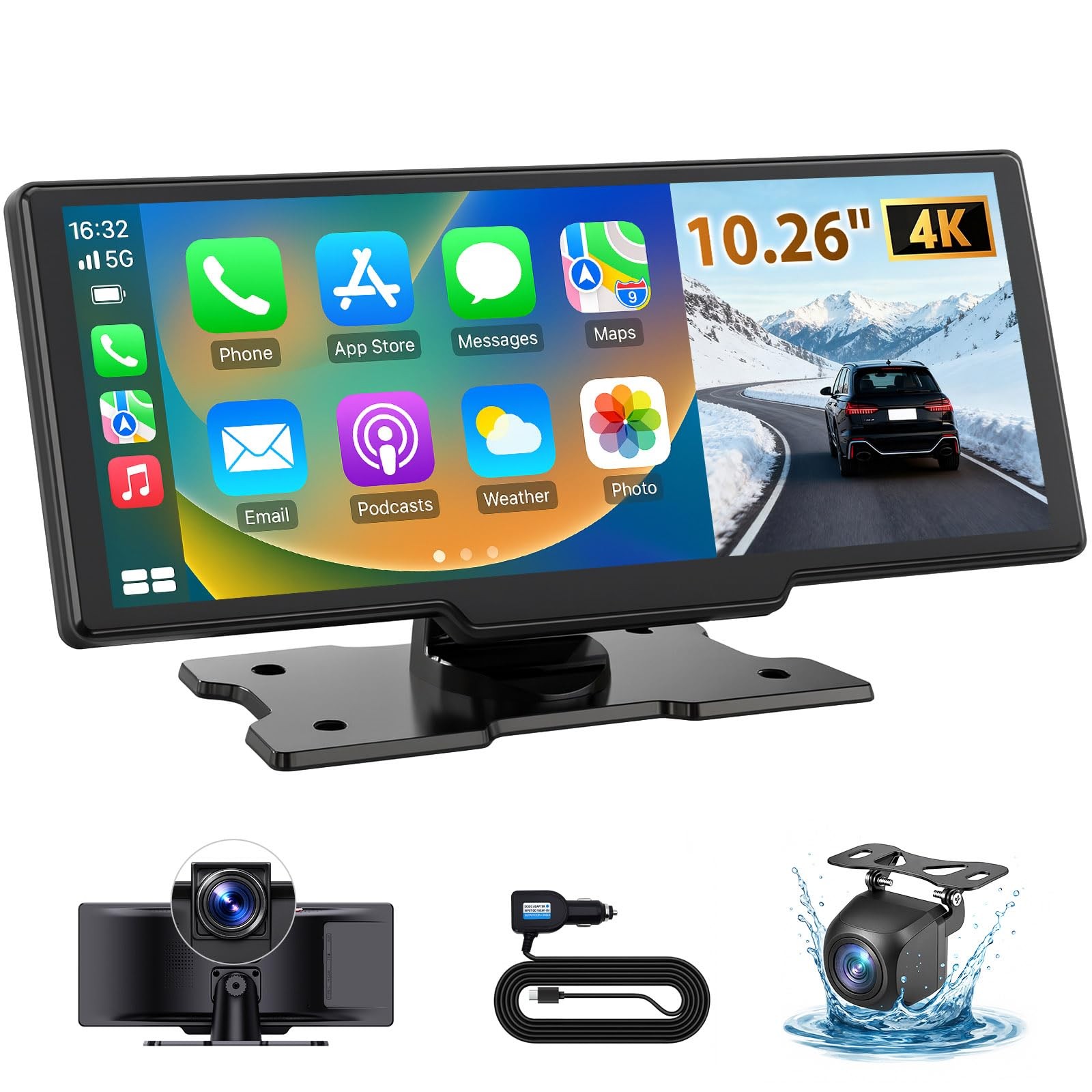 10.26″ Wireless CarPlay Screen for Car: 4K Dash Cam & 1080P Backup Black