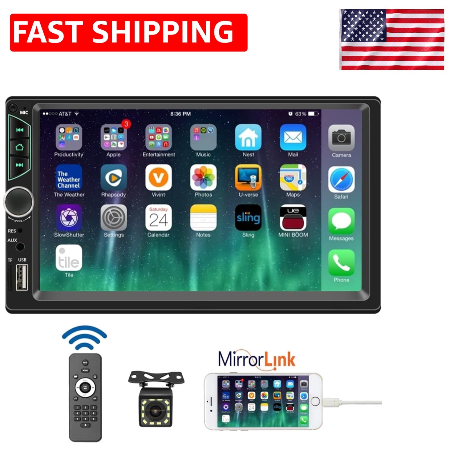 7-Inch Double Din Car Stereo with Steering Wheel Control & Backup Camera