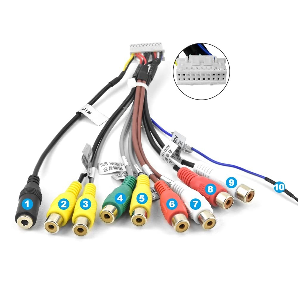 20PIN RCA Audio Video Cables for Car Radio Stereo, Subwoofer Output & Mic Input