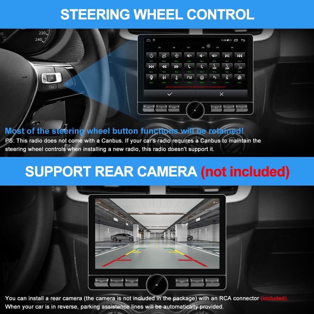 Single Din Car Radio Stereo Universal 8 Core Car Radio Rotatable Touchscreen10.6