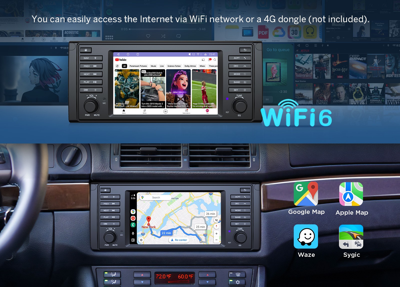 CAM+OBD+DVR+7″ 6+64 Android 14 GPS Car Stereo 4G for BMW E39 528i/530i 1995-2003