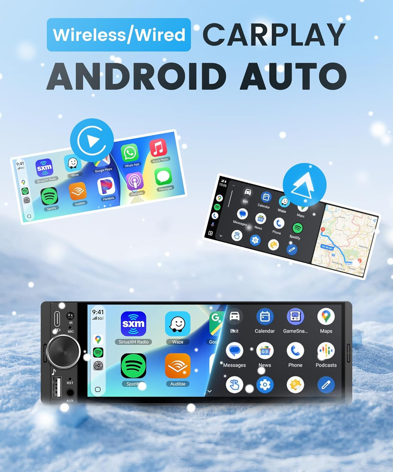 Car Stereo Single Din Wireless Carplay 1 Din Touch Screen Android Auto, 6.28 In
