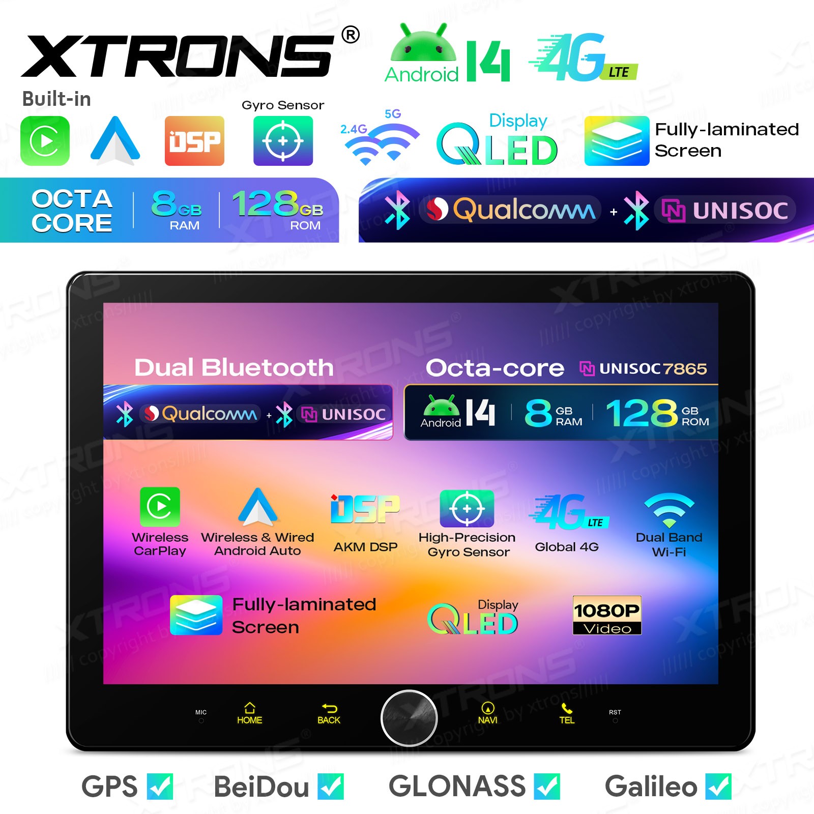 10.1″ AKM DSP Android 14 Radio For Universal 2 Din 8GB 128GB QLED GPS Navigation