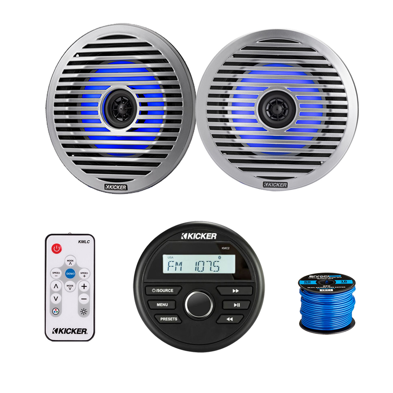 Kicker Marine Receiver, 2x 6.5″ 130W LED Speakers with Grilles, Remote, Antenna