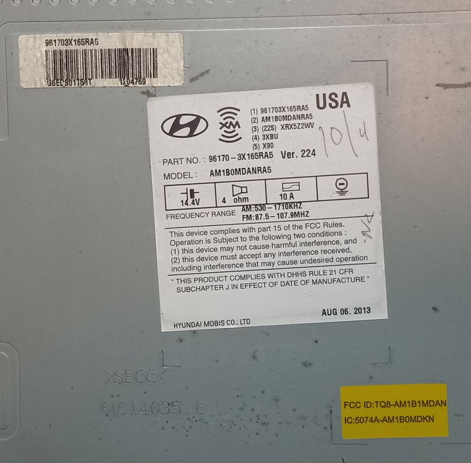 2013 HYUNDAI ELANTRA AM FM CD MP3 RADIO ID-96170-3X165RA5 Ver.224