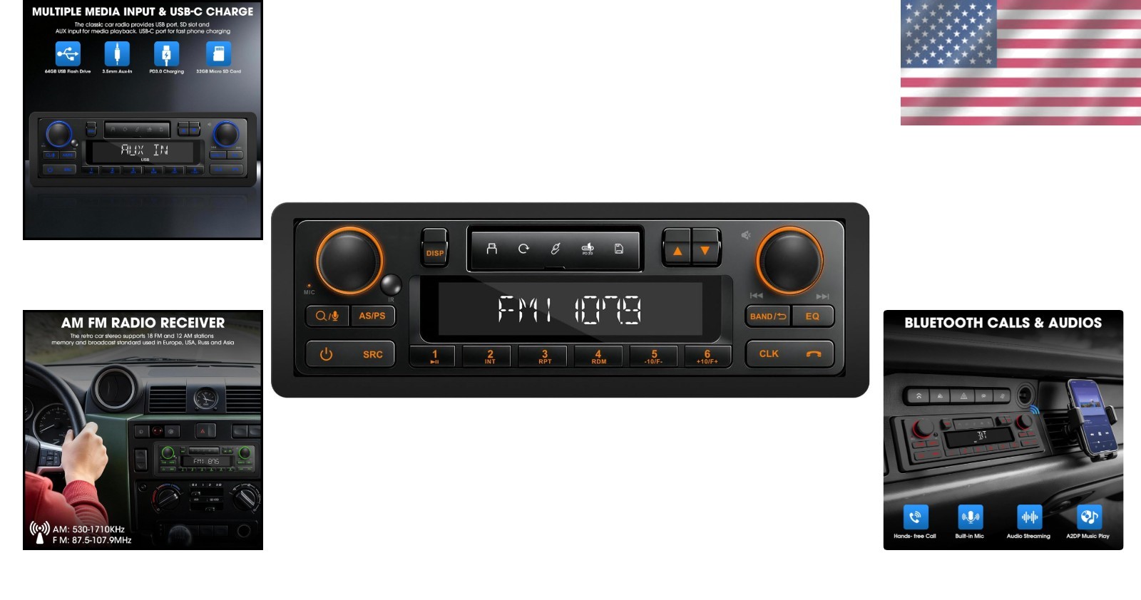 Retro Bluetooth Car Radio 7 Color LCD Display 4-Ch Stereo USB SD Aux FM AM