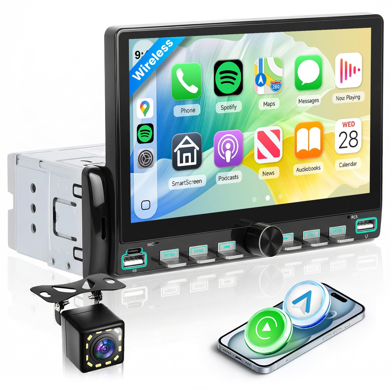 Upgrade Single Din Car Stereo, Wireless Carplay, Android Auto, Bluetooth 5.0,…