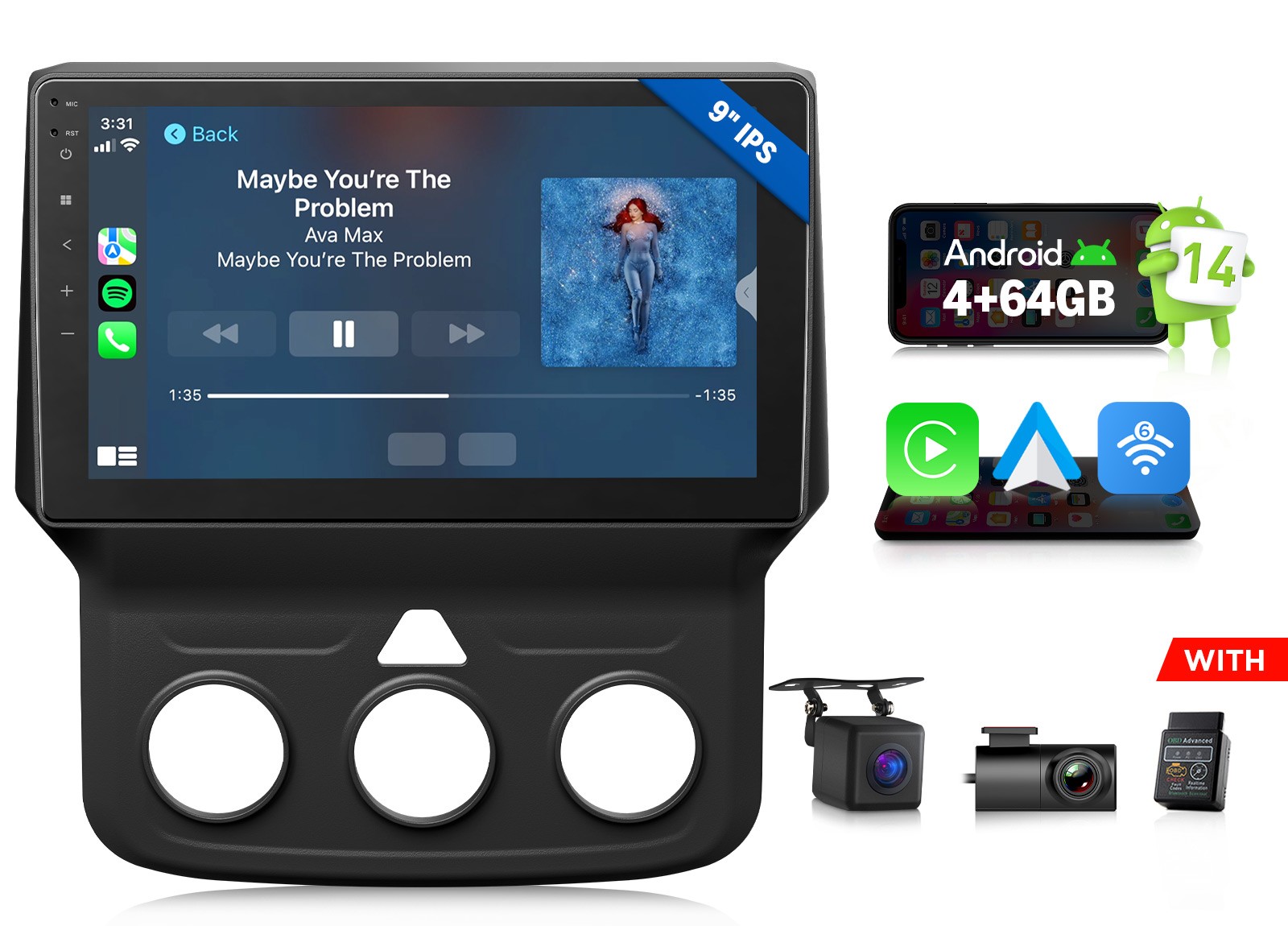 9″Android 14 4+64GB Car Stereo Wireless CarPlay for Ram 1500 2500 3500 2013-2018