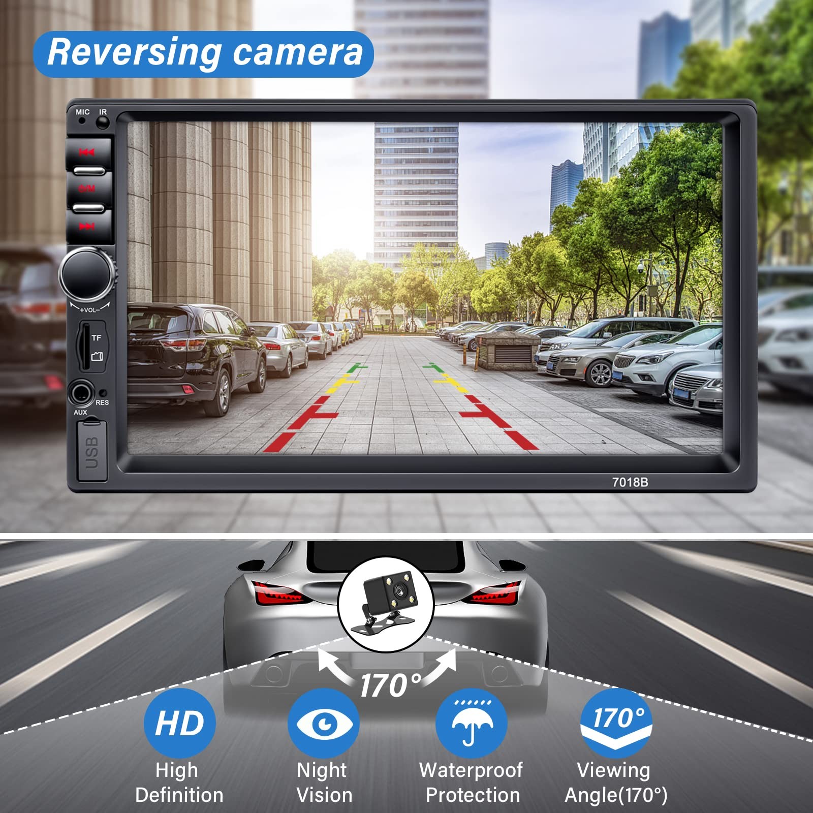 Double Din Car Stereo with Backup Camera Microphone, 7′ Black & Silver
