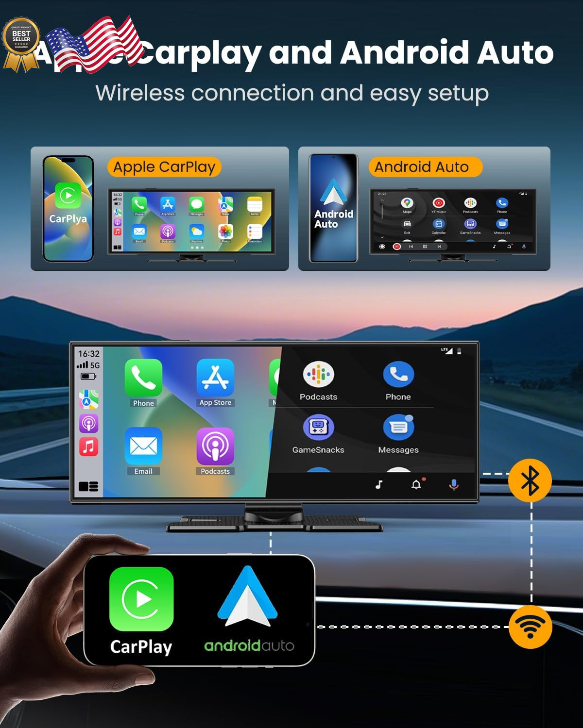 Largest 11.5″Wireless CarPlay Screen for Car,Portable A-pple Car Play & Andro