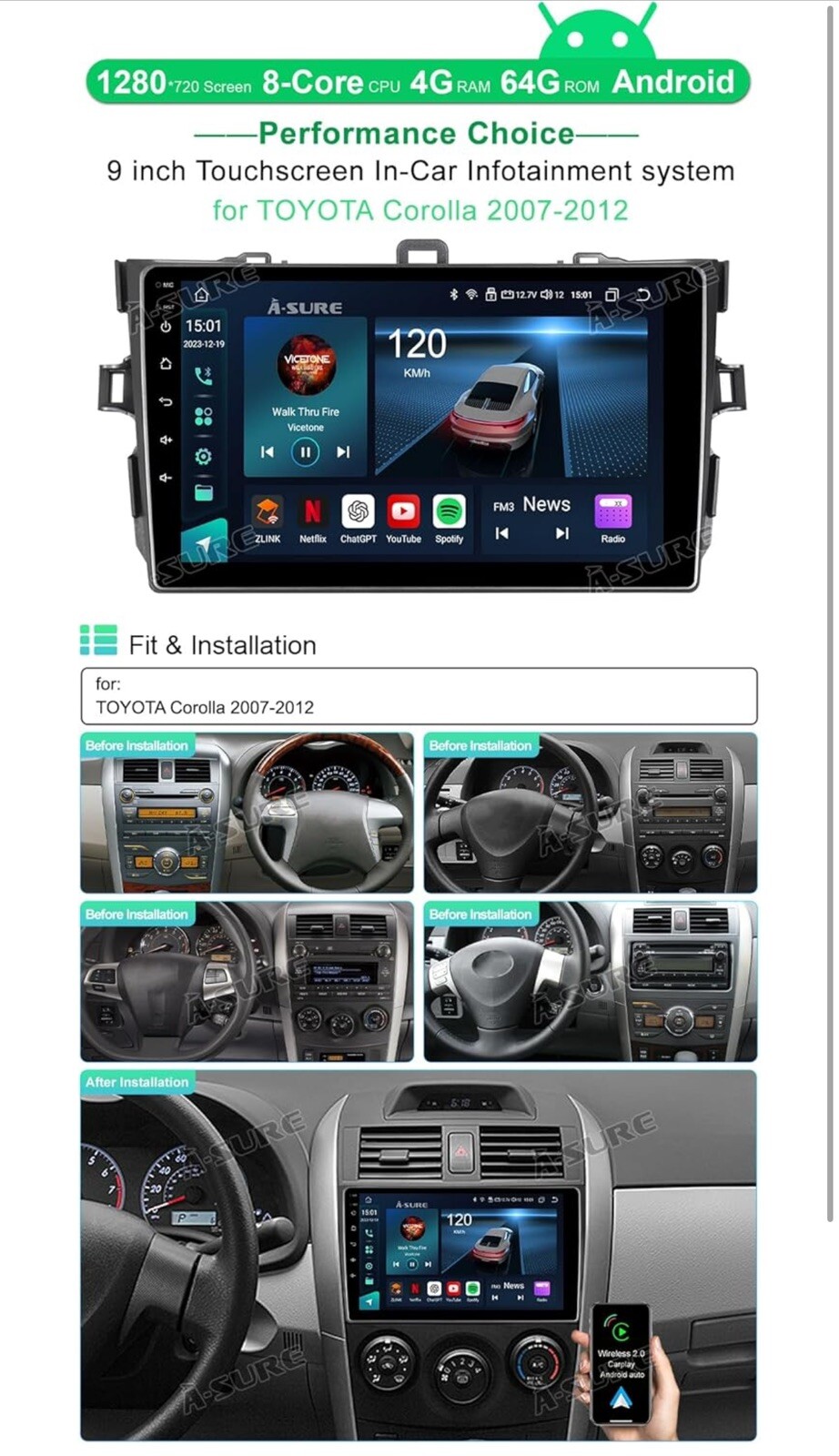 64GB DVR+ For Toyota Corolla 2006-2012 Android 64G Car Stereo Radio GPS Navigati